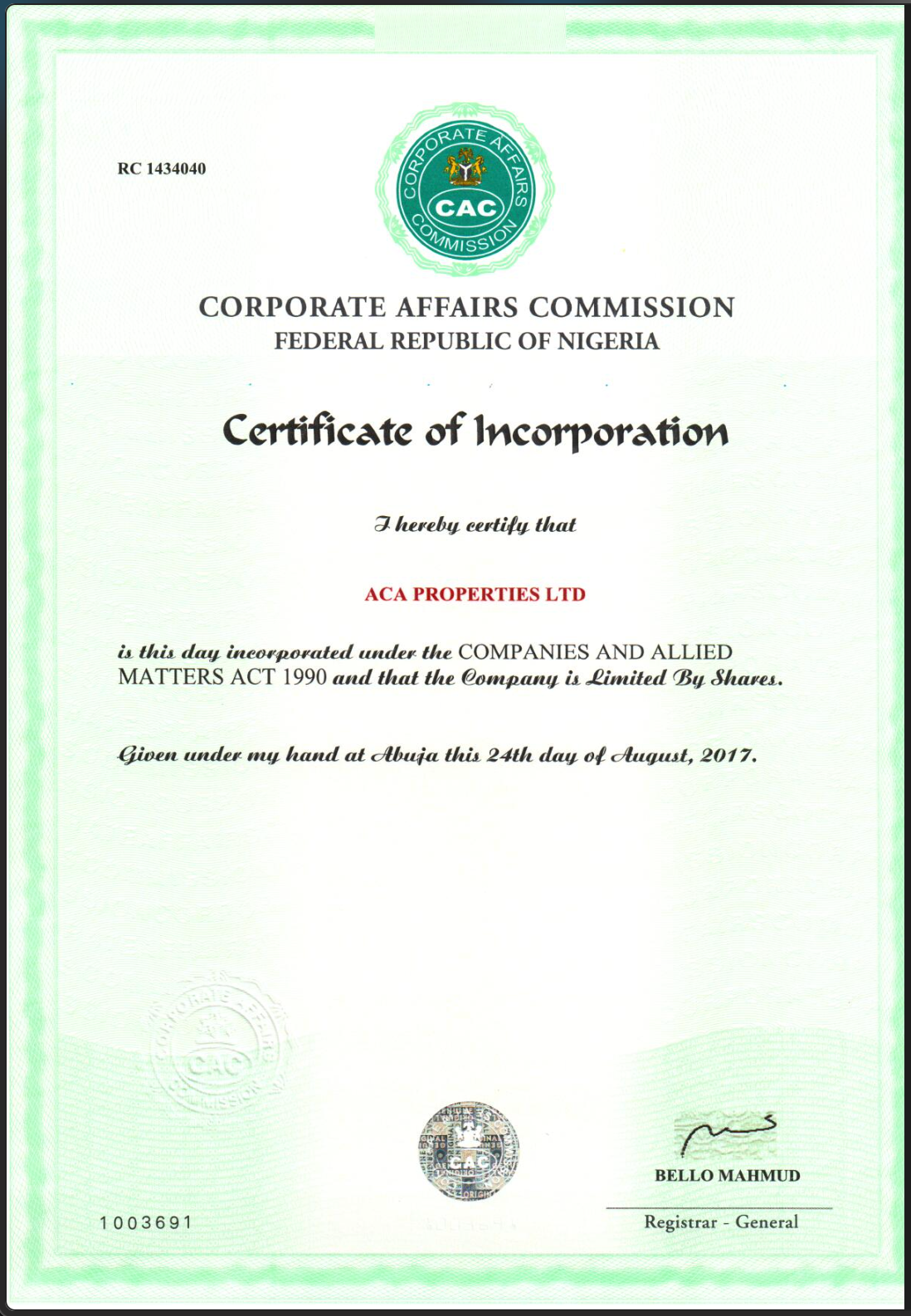 Certificate of Incorporation